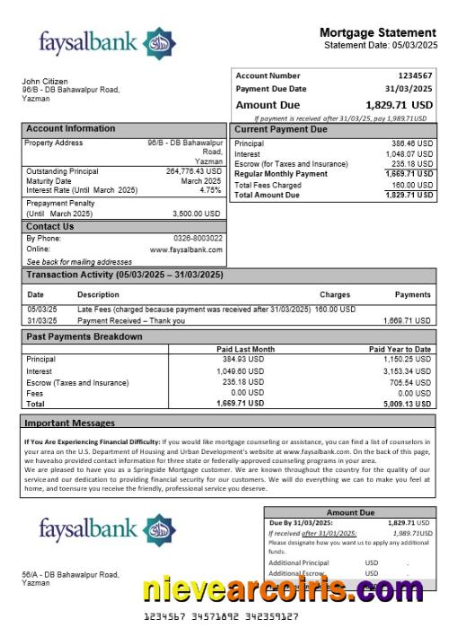 Pakistan Faysal mortgage statement